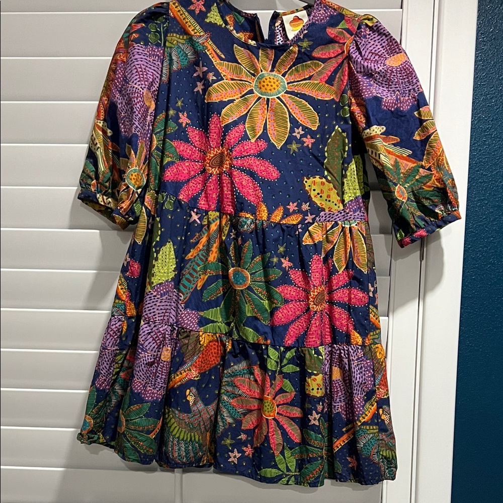 FARM Rio Navy Floral Tiered Mini Dress with Bright Pink & Yellow Blooms